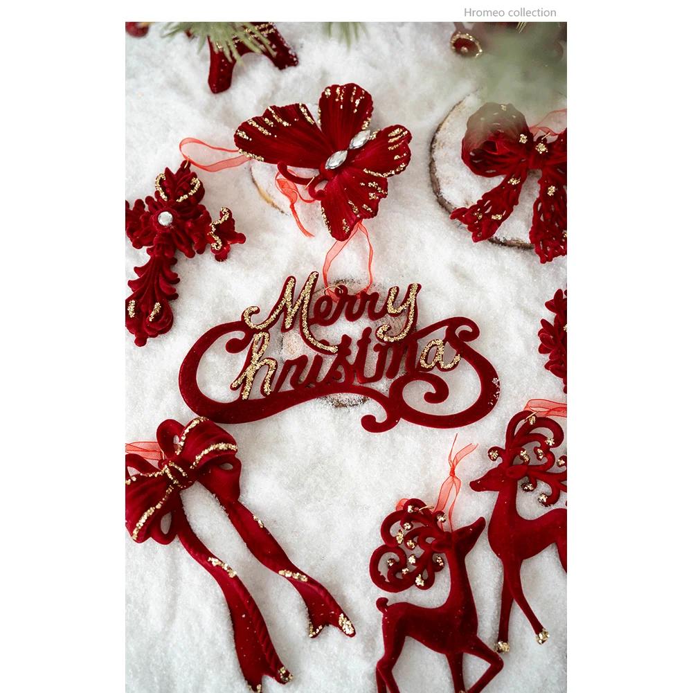 1pcs Custom Christmas Hanging Decorations Red Velvet Flocked Garland Bow Tree Christmas Party Decorations