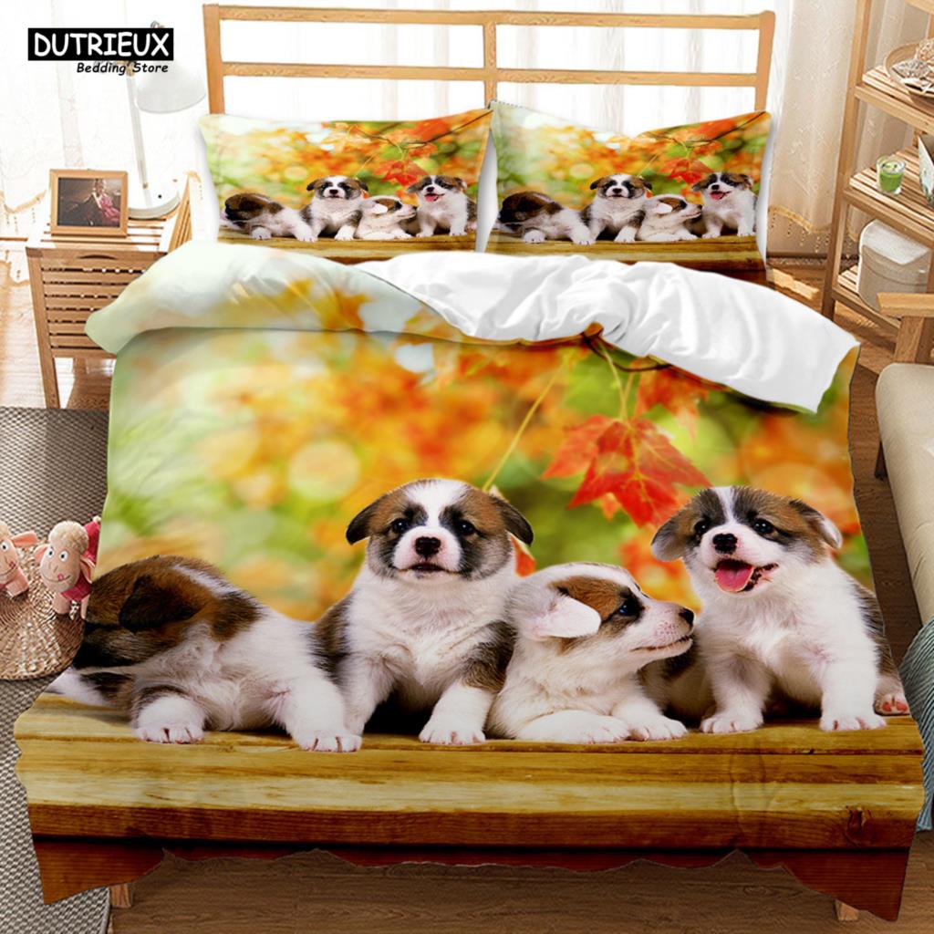 Cute Pet Dogs Bedding Set Lovely Puppy Golden Retriever Comforter Sets King Queen Twin Size Duvet Cover Set Bed Linen For Kids