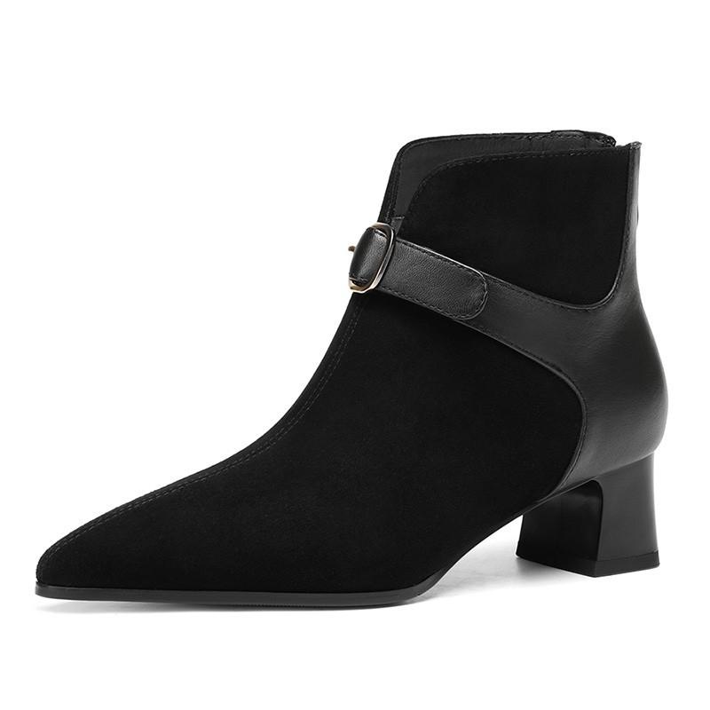 Fashion Square Heel Single Shoes Fall New Pointed Toe Suede Metal Buckle Back Zipper Anti-Slip Wear-Resistant Short-Thigh Boots