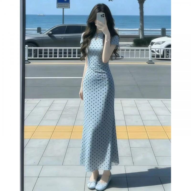 Blue Polka Dot Midi Sheath Dress With Cheongsam Collar Short Sleeve Knit Womens Elegant Vintage Fit-and-Flare Small