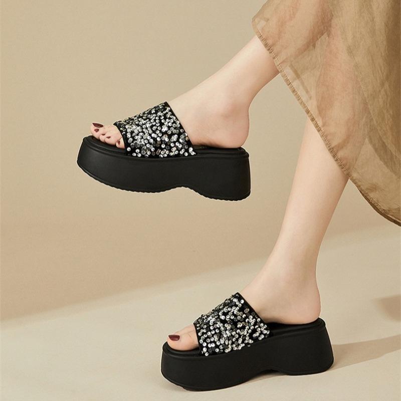 Women's Thick Heel Slippers Summer New Beach Slippers Outdoor Casual Platform Sandals Shiny Sequins Slippers for Women