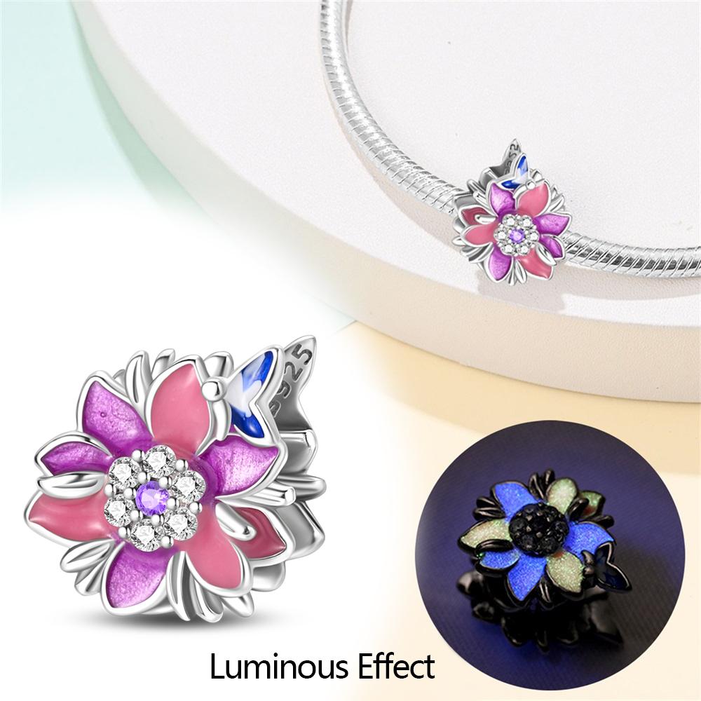 Authentic copper Charm Bead Charms Luxury Purple Pink Luminous Flower Bead Charms Bead Charms Compatible With Bracelets Diy Women Making Delicate Gift
