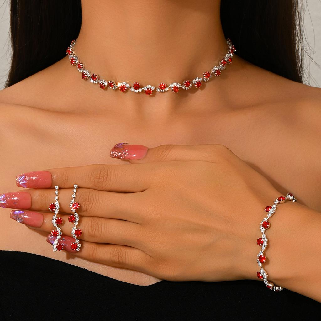 Silver Diamond Necklace Earrings Bracelet Three-piece Set