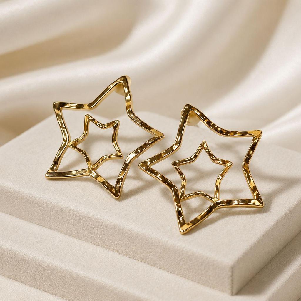 Trendy Double Star Gold Earrings: European & American Stainless Steel Dangles