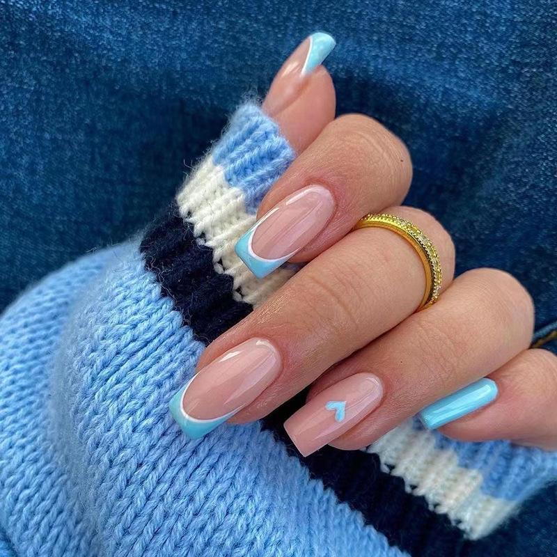 Wearing Nail Blue and White Splicing French Nail Patch Blue Love Fake Nail Patch Wearable Nail Patch