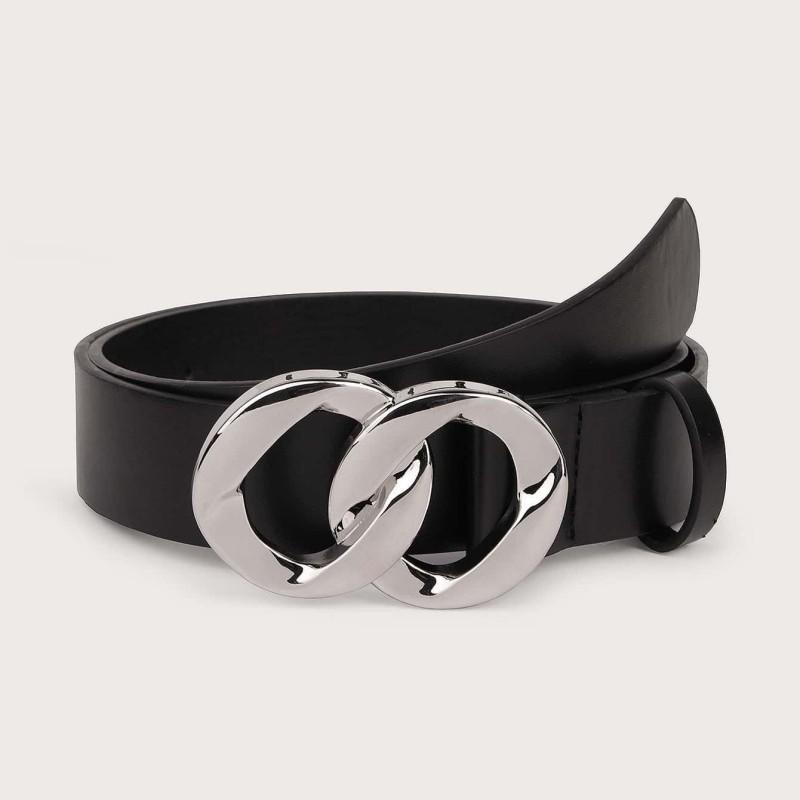 The New Double-loop Chain Buckle Base Black Smooth PU Belt Is A Versatile Belt for Women