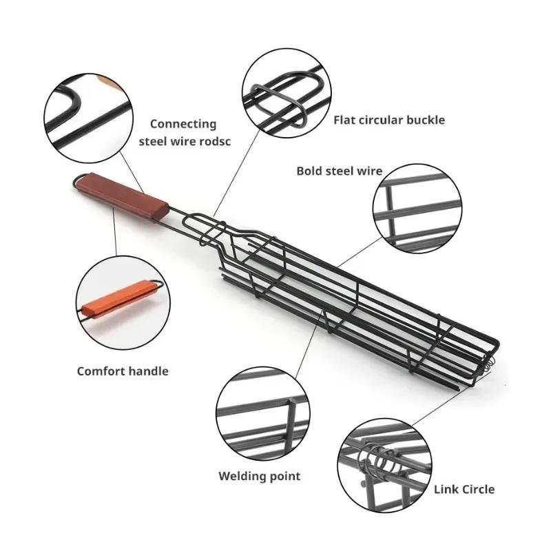 Barbecue Cage Outdoor Camping Barbecue Net Square BBQ Skewers Basket Wooden Handle Meat and Vegetable Barbecue Tube BBQ Tools