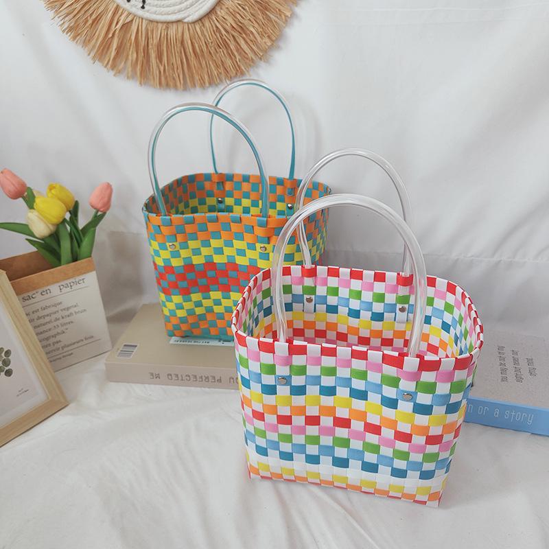 Children's Rainbow Plaid Woven Handbag - DIY Summer Bag for Vegetables & Fruits