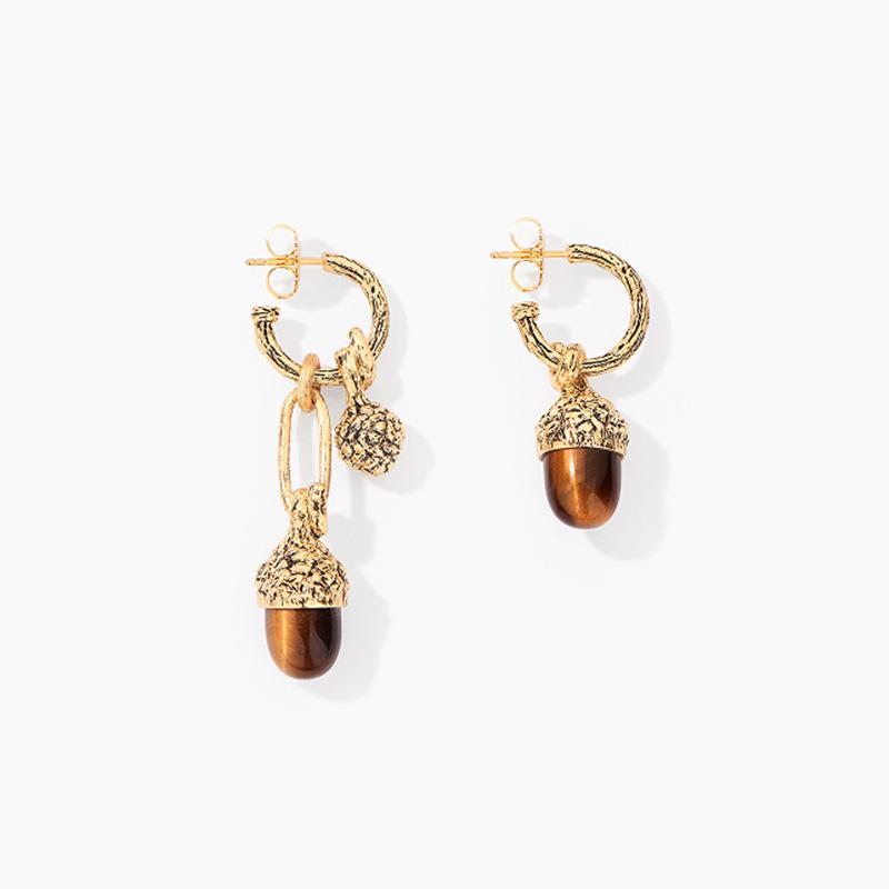 

Premium Metal Copper Plated 18K Real Gold Inlaid Tiger S Eye Asymmetric Stud Earrings, Earrings, Niche Simple Earrings