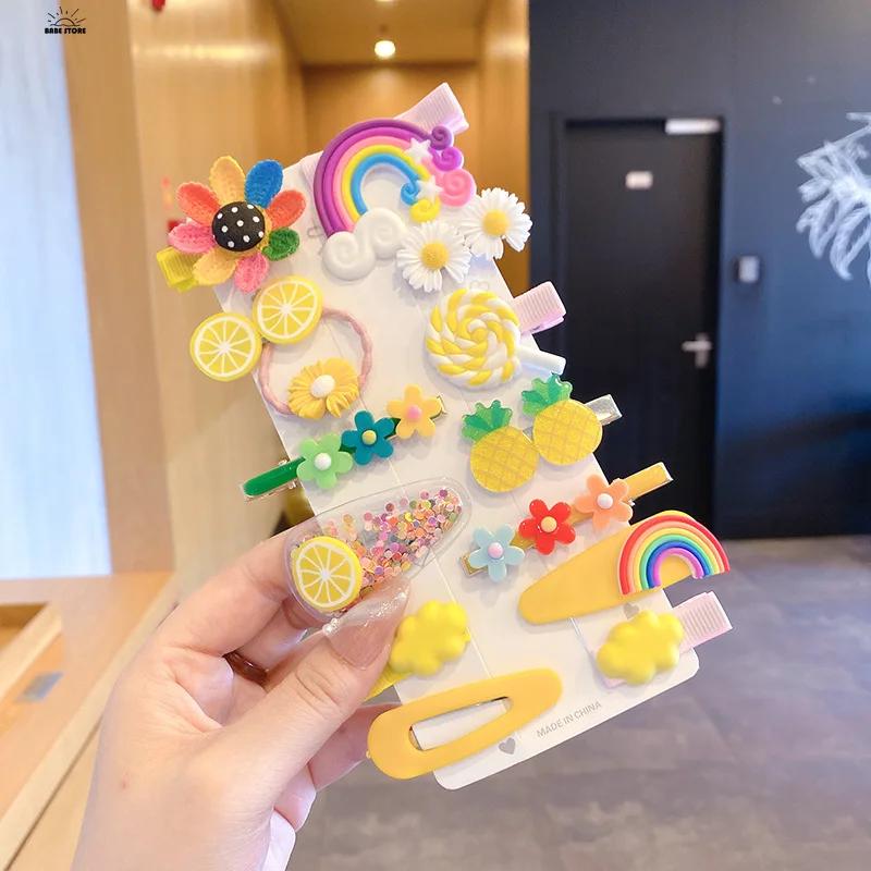 14PCS Girls Sweet Hair Clip Rainbow Fruit Cute Cartoon Hair Bands Lovely Hair Accessories Headwear Hairpins Headdress Barrettes