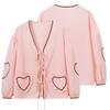 Damen Shirt V-Ausschnitt Langarm Cardigan Shirt mit Schnürung Karomuster Herz-Spleißmuster Loose Fit Tops mit Taschen Streetwear