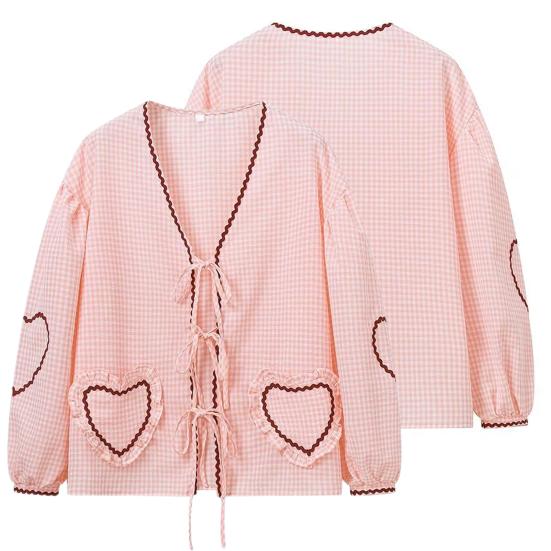 Dámská košile s dlouhým rukávem a výstřihem do V, šněrovací kardigan, kostkovaný tisk, vzor se srdíčky, volný střih, top s kapsami, streetwear