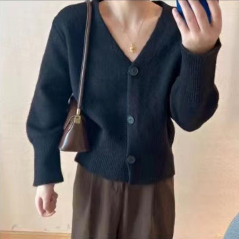 

Женский универсальный свитер с V-образным вырезом, новый осенний кардиган в рубчик, однотонный, темпераментный, тонкий, короткий вязаный свитер One size чёрный