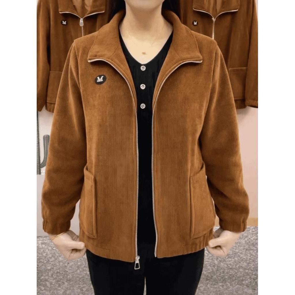 2025 Spring/Autumn Women's Plus Size Corduroy Jacket: Long Sleeve, Loose Fit, Zipper, Solid Color Cardigan