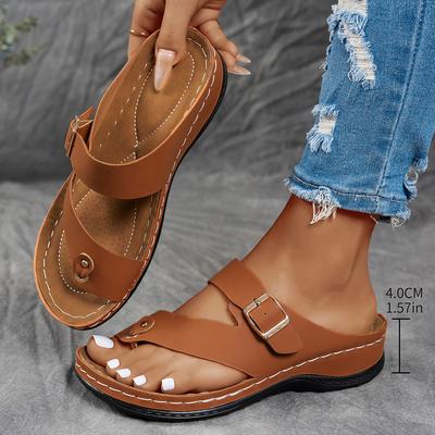 Spring Flat Bottomed Wedge Slippers for Women New Style with Belt Buckle Decoration, Solid Color Roman Style Shoes