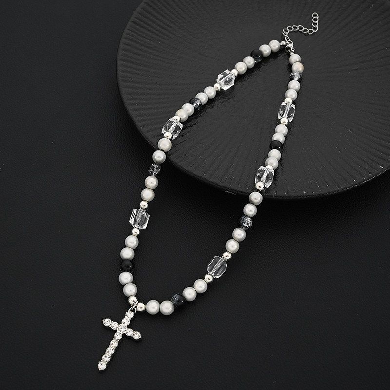 Niche Style Patchwork Hip Hop Style Women s Sweater Chain Reflective Pearl Reflective Pearl Stitched Cross Necklace