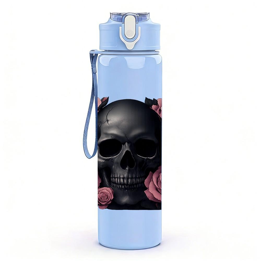 1PC Black Skull Pink Rose Floral Print 750ml Color Plastic Sports Water Bottle Leakproof Flip Straw Lid Suitable for Sports Office Home Use