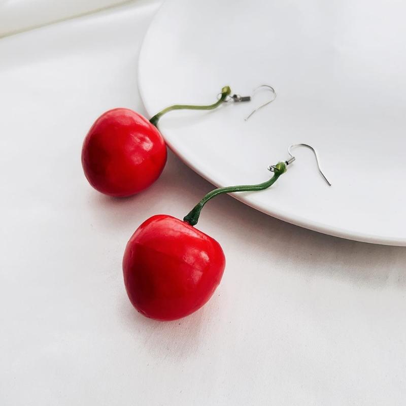3D Red Cherry Fruit Drop Dangle Earrings Plastic Fruit Sweet Funny Ear Clips for Women Girls Tassels Aesthetic Jewelry