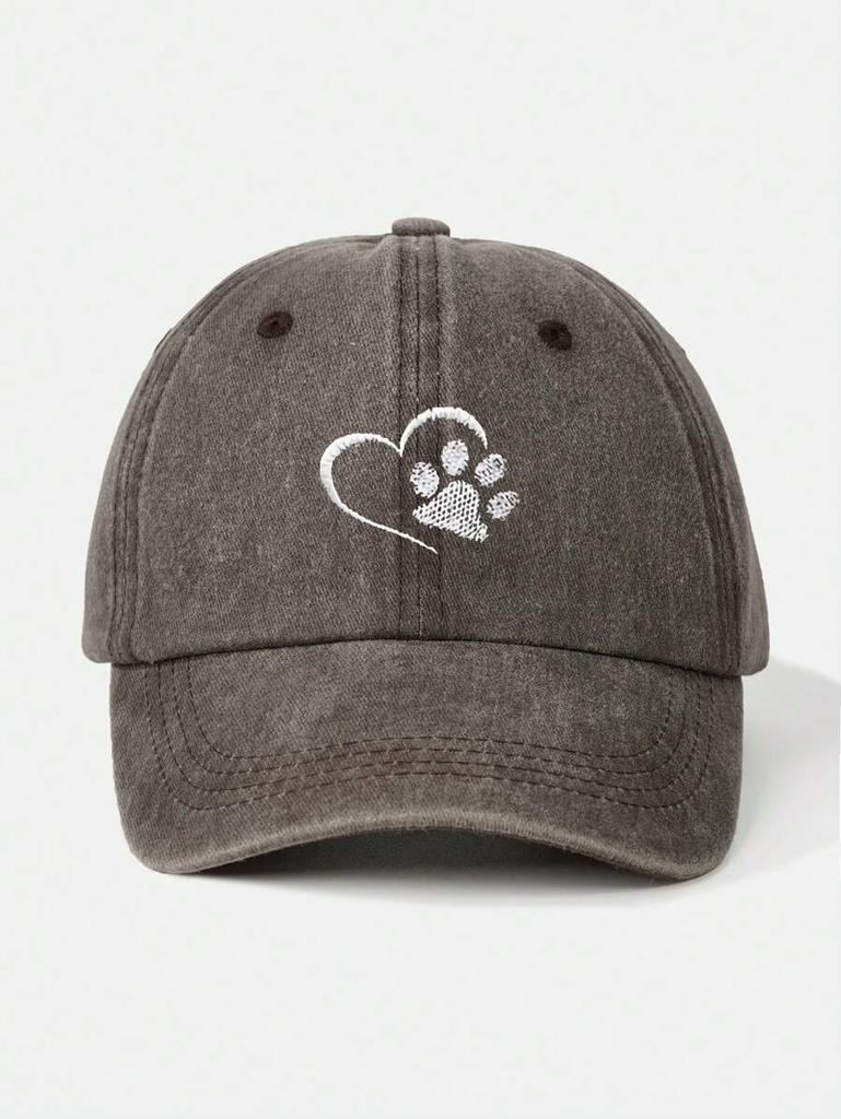 Washed Baseball Cap With Embroidered Heart And Paw Print, Adjustable Outdoor Sun Hat For Adults
