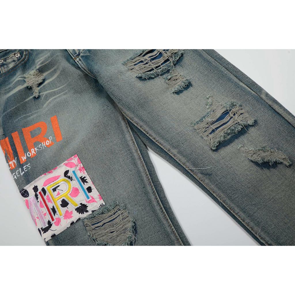 M46 Amiri Pánské a dámské trendy džíny v americkém stylu s látkovými nášivkami, dírami, výšivkou, ležérní a módní high street kalhoty