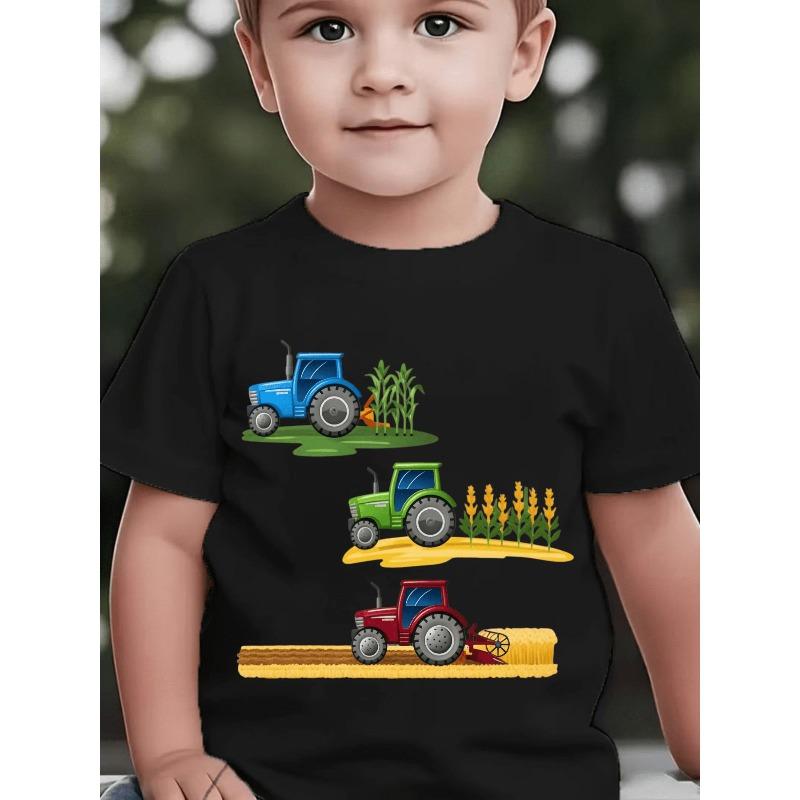 Boy Crewneck Short Sleeve T-Shirt, Cartoon Tractor Harvester Print Green Blue Red Casual Tee