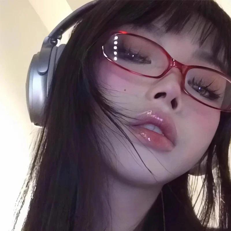 Y2K Women Retro Oval Myopia Glasses Red Green Frame Glass Fashion Eyewear Decorative Computer Anti-blue Eyeglasses Driving
