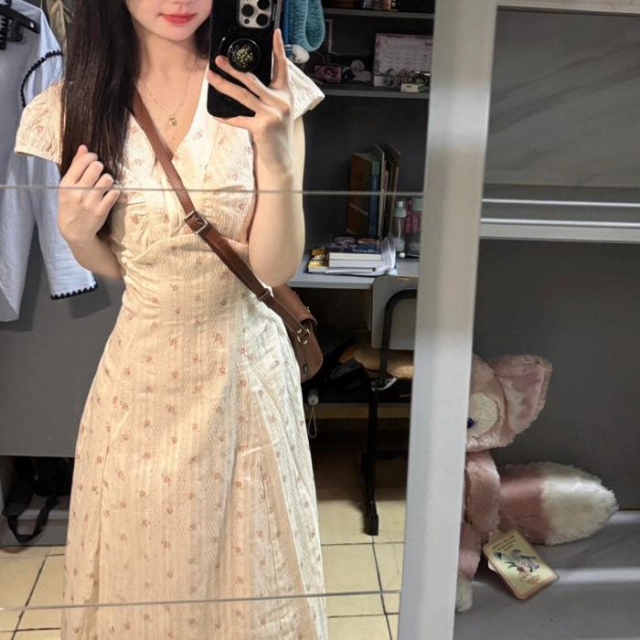 Summer New French V-neck Floral Dress Femininity Vacation Style Waist Thin a Word Long Skirt