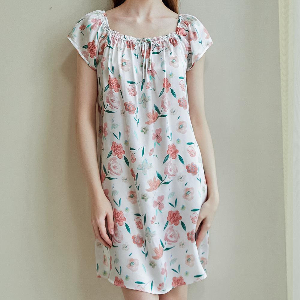 Women's Summer Short Sleeve Printed 100% Mulberry Silk Pajama Dress - Mid-length, Plus Size, Loose-fit Nightgown