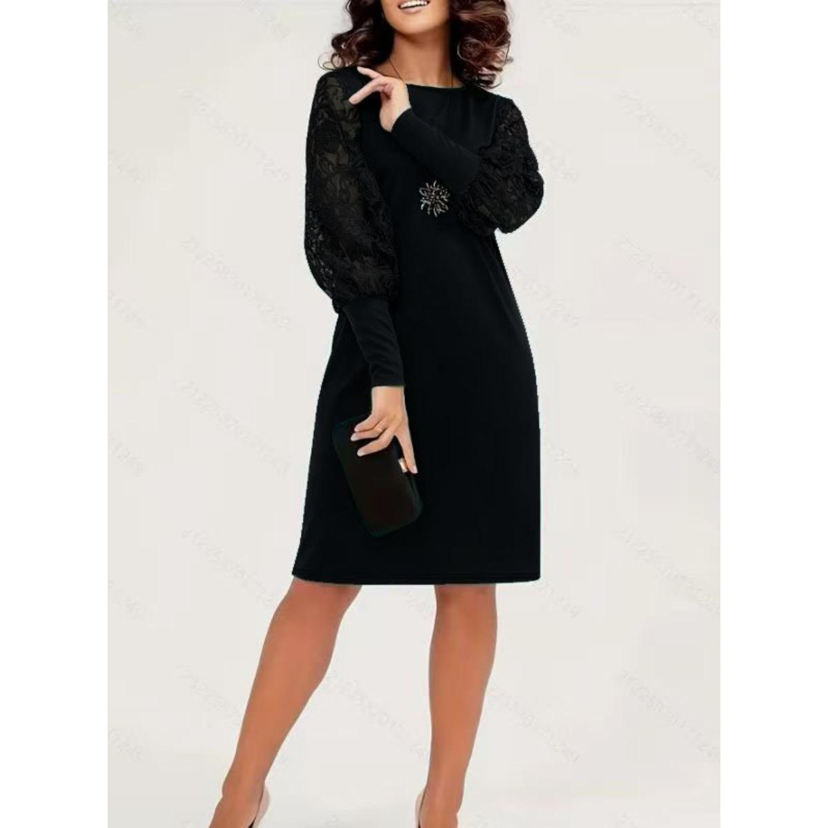 

Весенне-осеннее кружевное платье с вырезами, комбинированное, облегающее, с круглым вырезом, длинным рукавом, для женщин, трансграничный европейско-американский стиль S чёрный