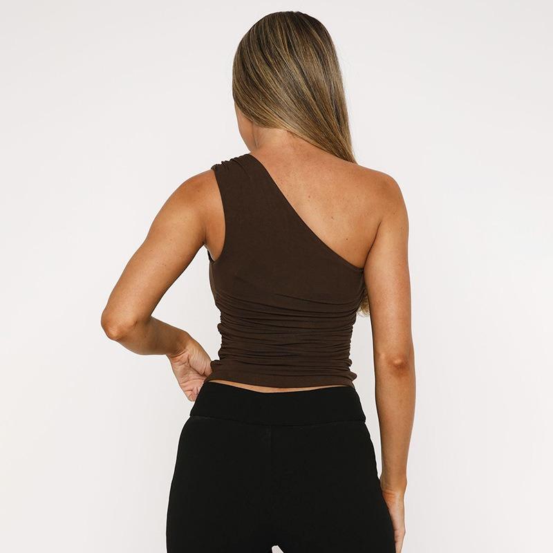 Fashion Summer One-Shoulder Sleeveless Women's Tank Tops 2026 Slim Fit Vest Brown Blouse Beaded Cropped Tanks Y2k Streetwear Top