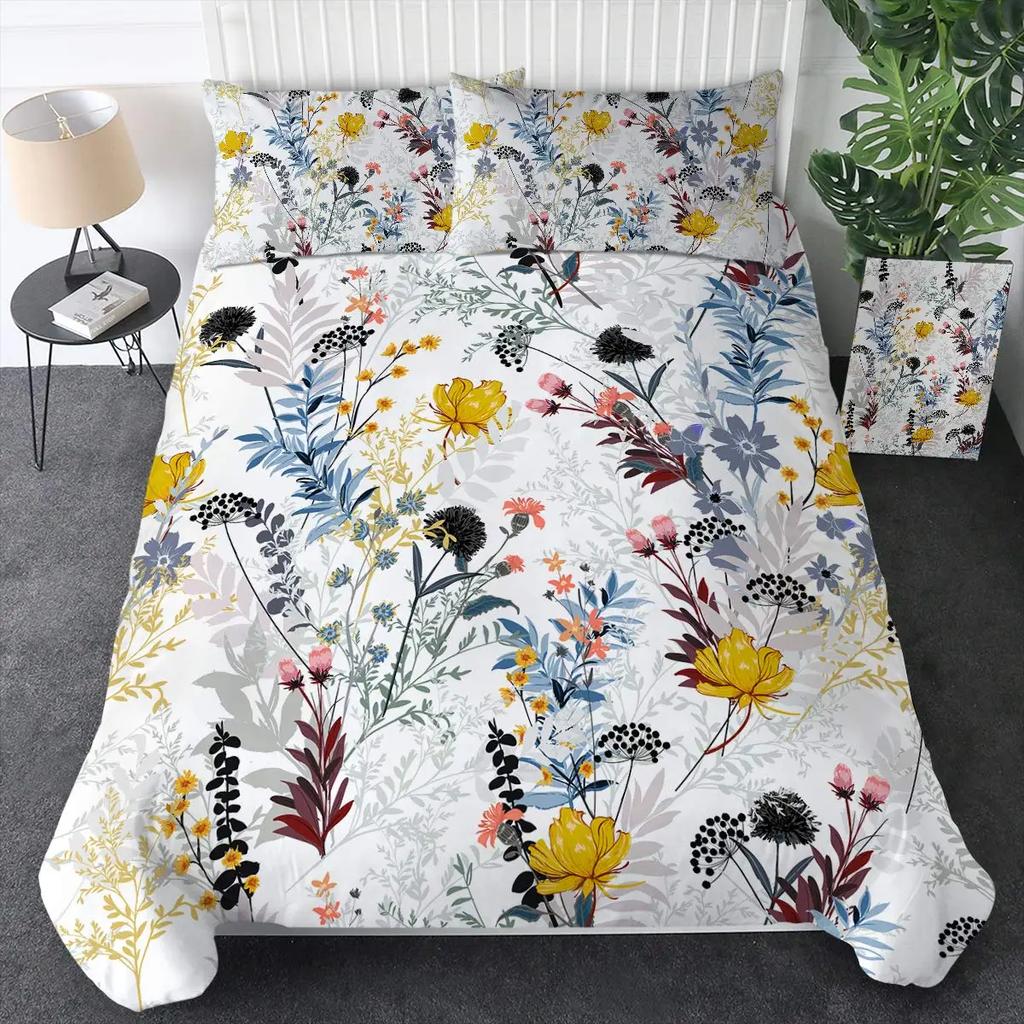 Aquarell Botanische Blume Bettbezug-Set King Size Wildblume Orchidee Floral Bedrucktes Bettwäsche-Set Elegante Shabby Chic Tagesdecke