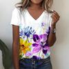 Dámské letní topy Ležérní tričko s květinovým potiskem do V s krátkým rukávem