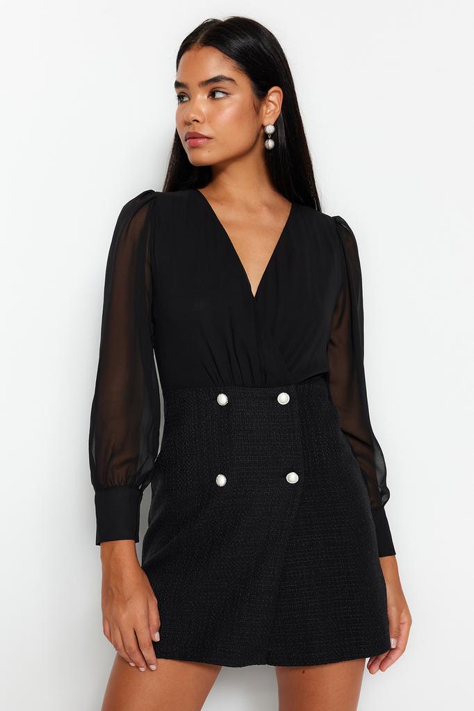 Women's Fashion Casual Standard Sleeve Mini Navy Blue Collar Detailed Lined Chiffon Woven Dress