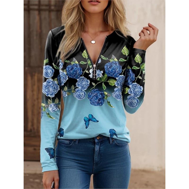 Women's Clothing Spring Autumn New Fashion Street Trendsetters Loose Type Printed Zipper Plus Size Cotton Long Sleeved T-shirt