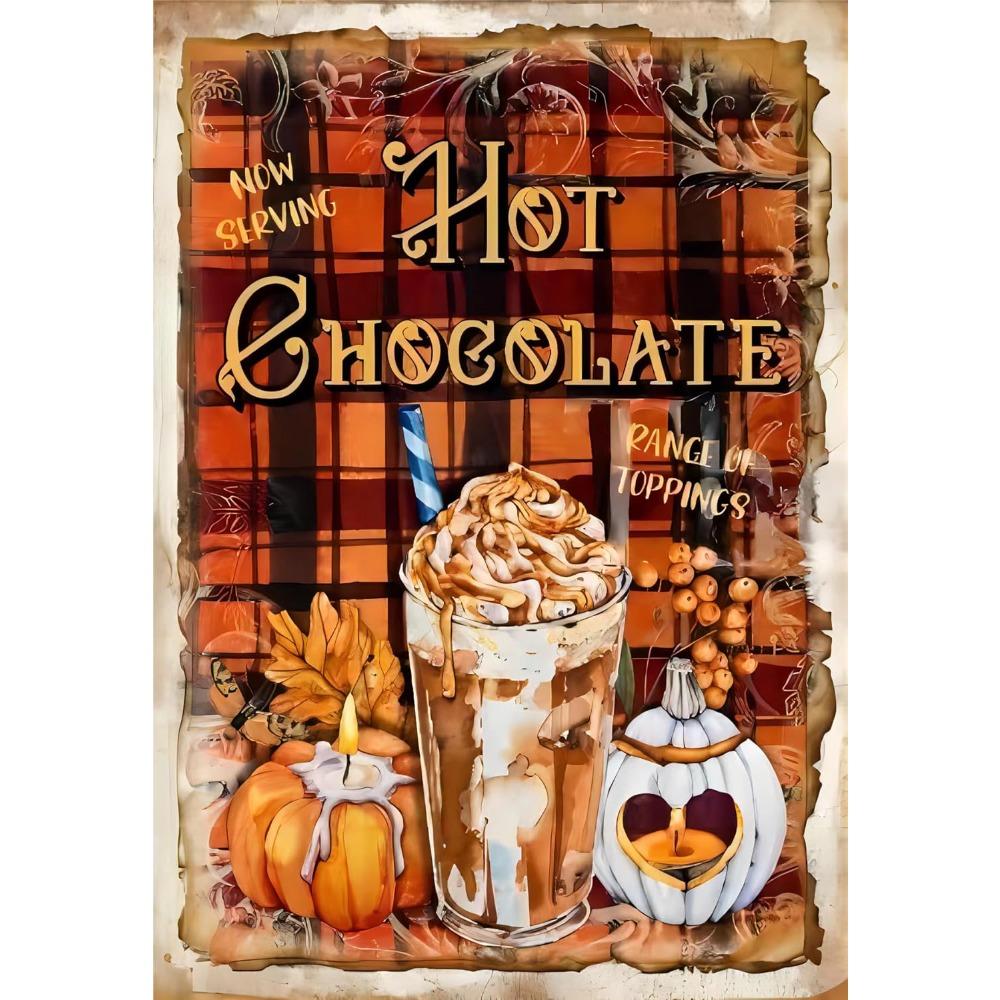 

Хэллоуин Тыква Горячий шоколад Жестяная табличка - Ретро Гингем Шебби Шик, Металлический логотип Настенное искусство для Кафе Бара Дома 20X30CM