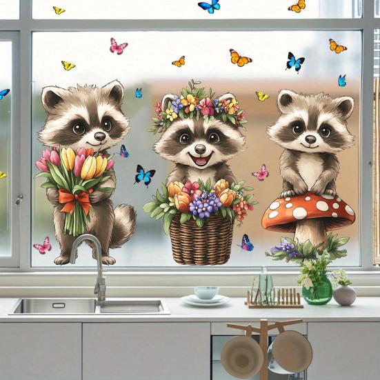 Pegatinas de Ventana Zorro de Primavera Zorro de Dibujos Animados Flores Mariposas Pegatina de Cristal Extraíble Animales Lindos Pegatinas de Ventana para Decoración de Hogar Oficina Tienda