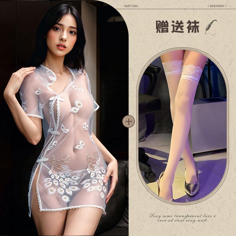 Embroidery embroidery erotic underwear sexy perspective temptation pure desire pajama set Republic of China cheongsam set