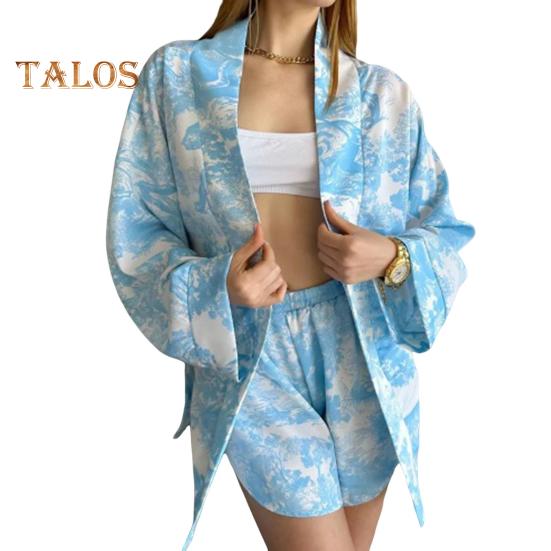 

2 шт./компл., женская рубашка, шорты, костюм с принтом, воротник-стойка на шнуровке, длинные рукава, кардиган, короткие брюки с высокой эластичной резинкой на талии, повседневная спортивная одежда с разрезом подол S синий