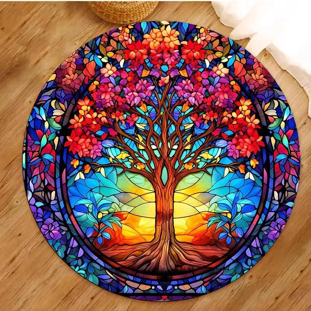 Tree of Life Round Rugs Yoga Floor Mat Nature Mandala Design Circle Carpet Home Living Room Bedroom Decor Ancient Spiritual Rug