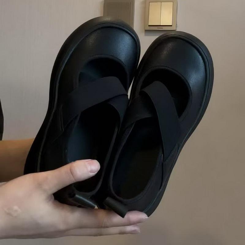 Módní Retro Tenisky s Tlustou Podrážkou Křížené Elastické Pásky Mary Jane Mělké Malé Kožené Boty Kulatá Špička Baleríny pro Ženy