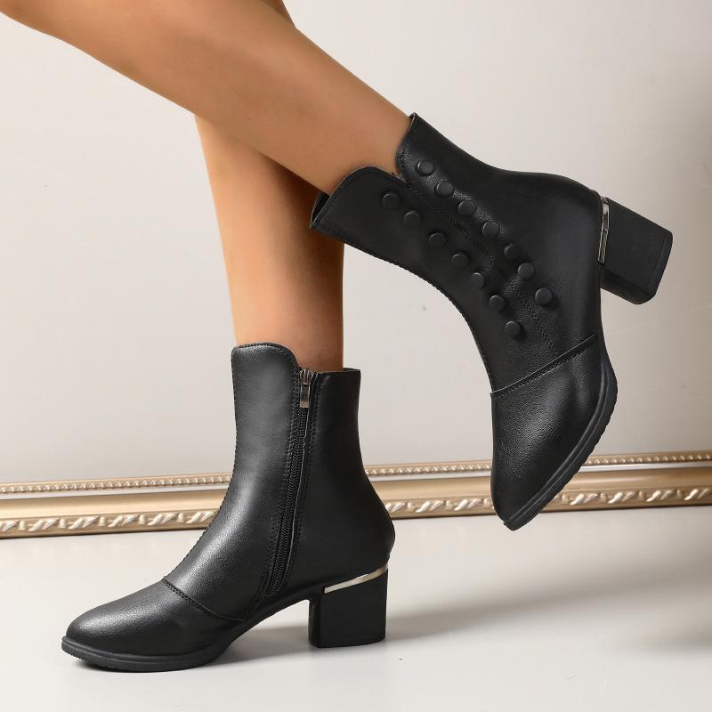 Fashion Women Boots High Quality Leather Ankle Boot Chunky Chelsea High Heels Boots for Women Winter Plush Warm Cotton Boots Botas Mujer