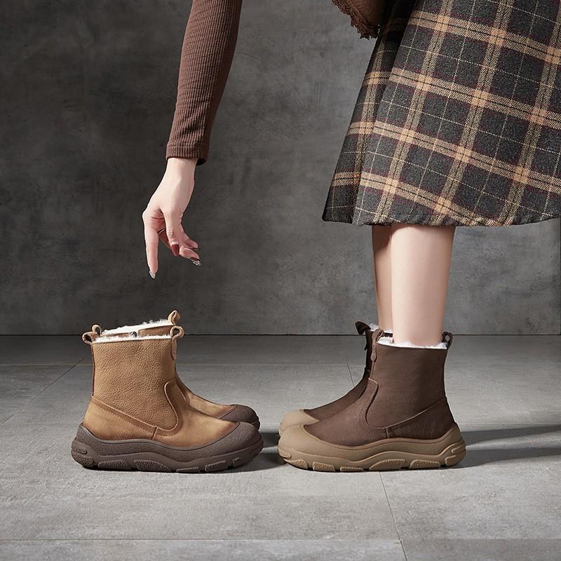 Johnature Genuine Leather Wool Warm Boots Round Toe Thick Soled Side Zipper Retro Women's Short Boots