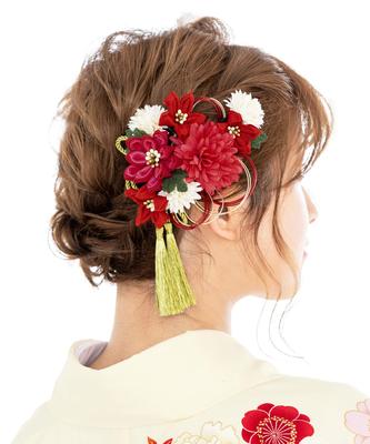 Hair Graduation Coming of Age 2 Piece Tsumami Craft Ping Pong Tassel Made In Japan [SOUBIEN] Ornament, Ceremony, Ceremony, Set, Red, Chrysanthemum,