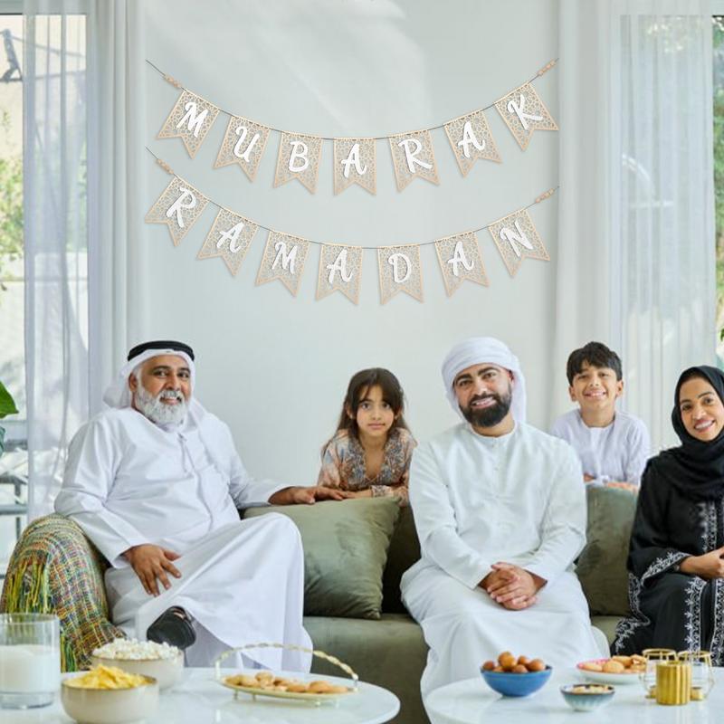 1pcs Eid Mubarak Hollow Wooden Banner Hanging Ornaments Islamic Muslim For Home Ramadan Decoration Festival Party Supplies