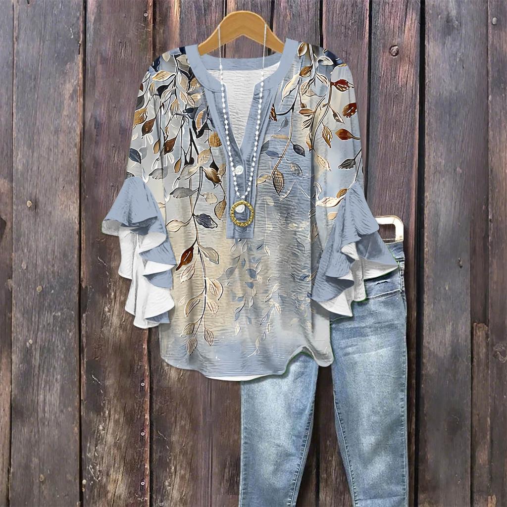 Women's Fashion Casual Button V-Neck Seven Sleeve Vintage Printed Shirt Top