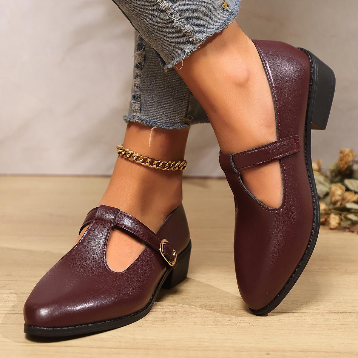 2026 Spring New Fashionable Pointed One Word Buckle with Thick Bottom Fashion Casual Large Women s Shallow Mouth Leather Shoes 36