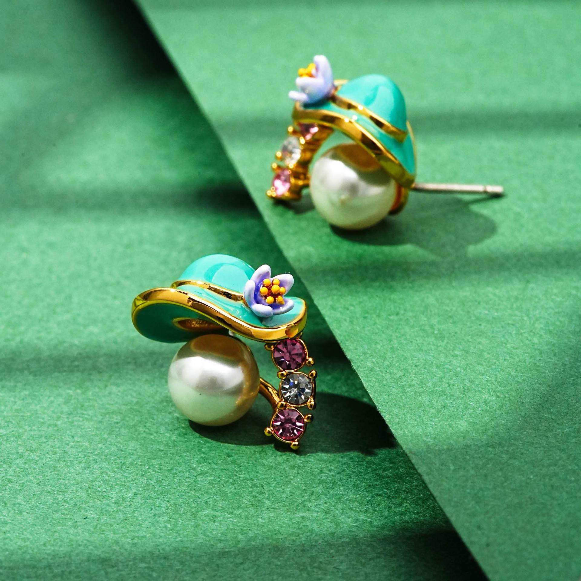 Exquisite 925 Silver Needle Earrings with Enamel Gems, Pearls, and Floral Design - Perfect Spring Gift
