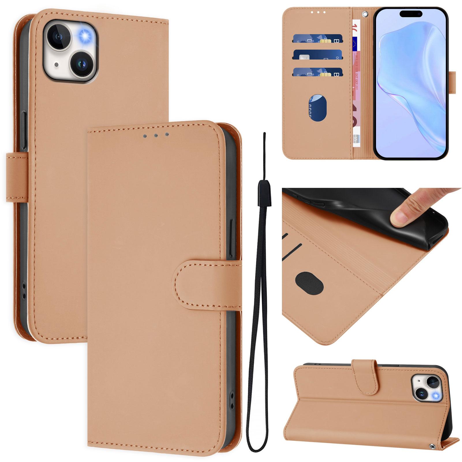 

For iPhone 15 Plus Case Solid Color Wallet Leather Phone Cover with Strap C