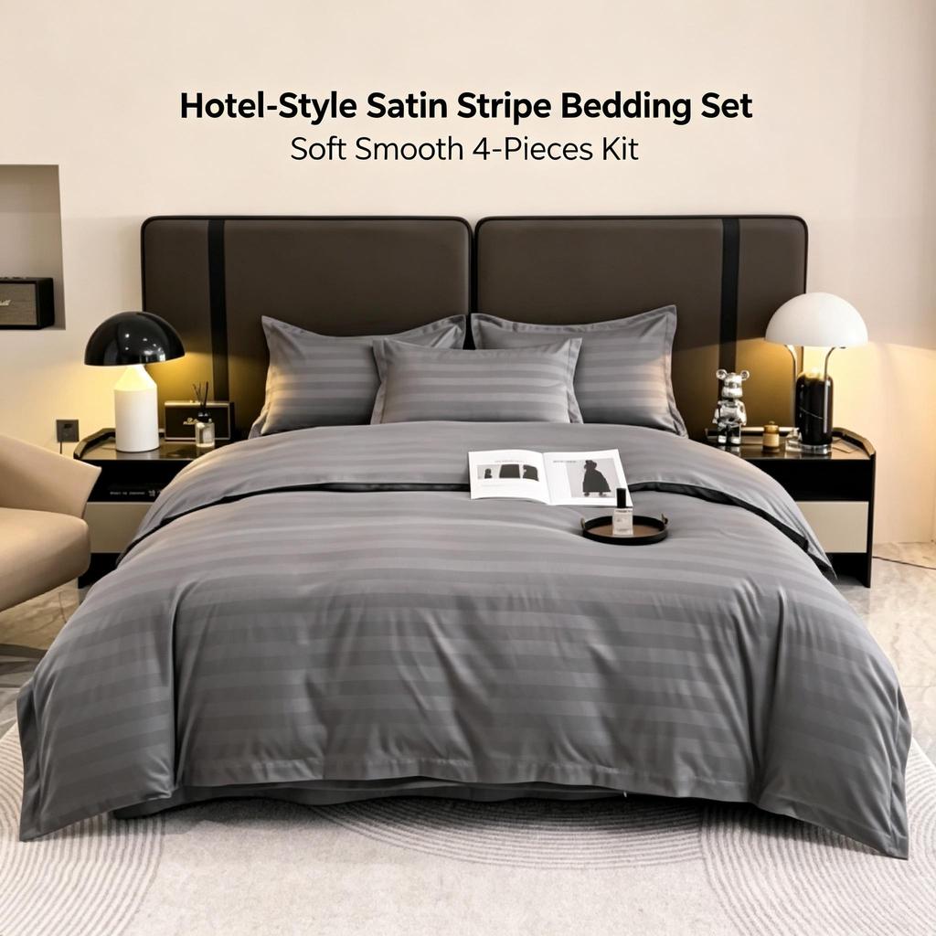Satin Stripe Polyester Bedding Set Hotel‑Style 4‑Pieces Duvet Cover Kit