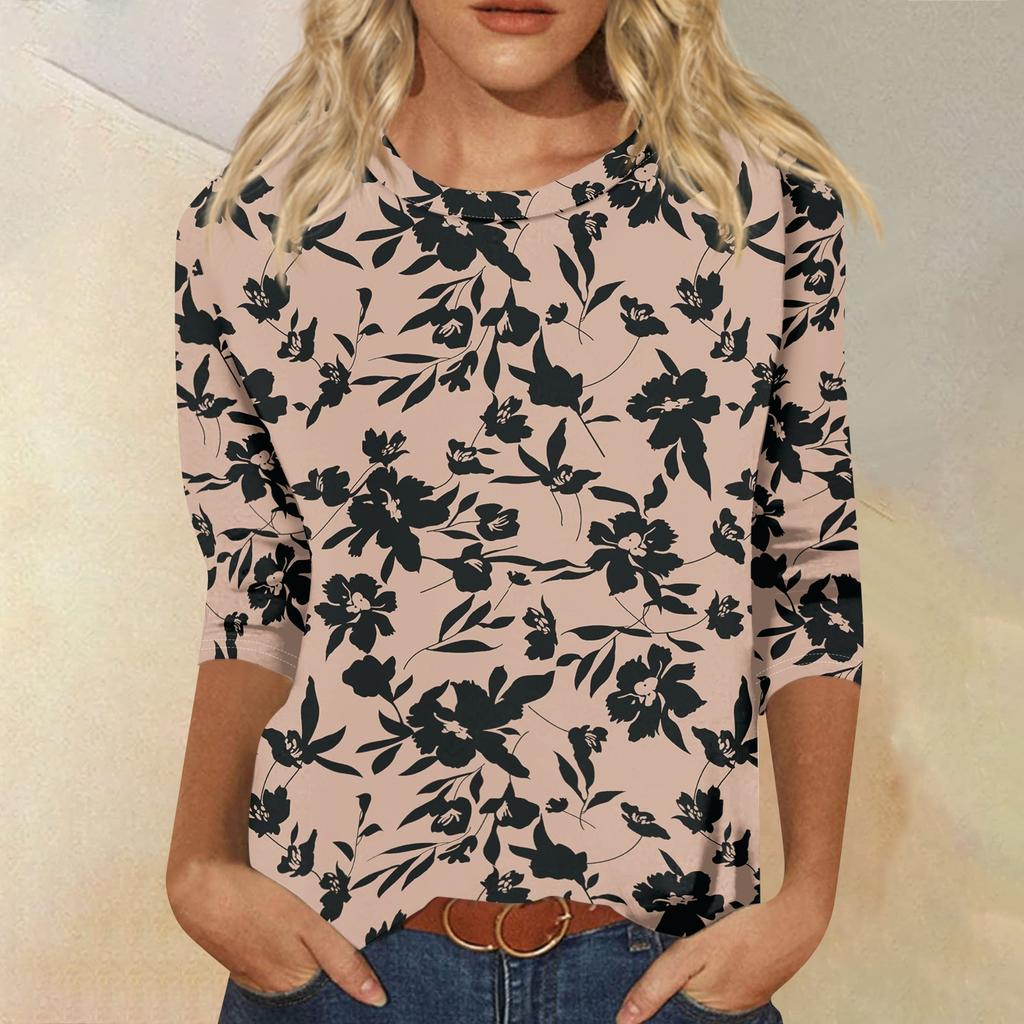 Women's Fashion Casual Round Neck 3/4 Sleeve Loose Printed T-Shirt Ladies Top